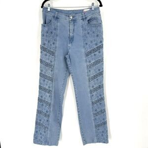 Acezung heavily embroidered boho straight leg hi rise jeans light‎ wash size 10